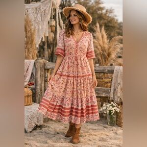 FP To Love Boho Floral Tiered Midi Dress Small Cottagecore Prairie